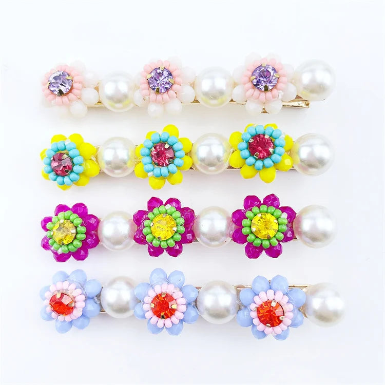 Ins Fashionable Beaded Flower Shape Pearl Hair Clip Sweet Hairpin for Girls