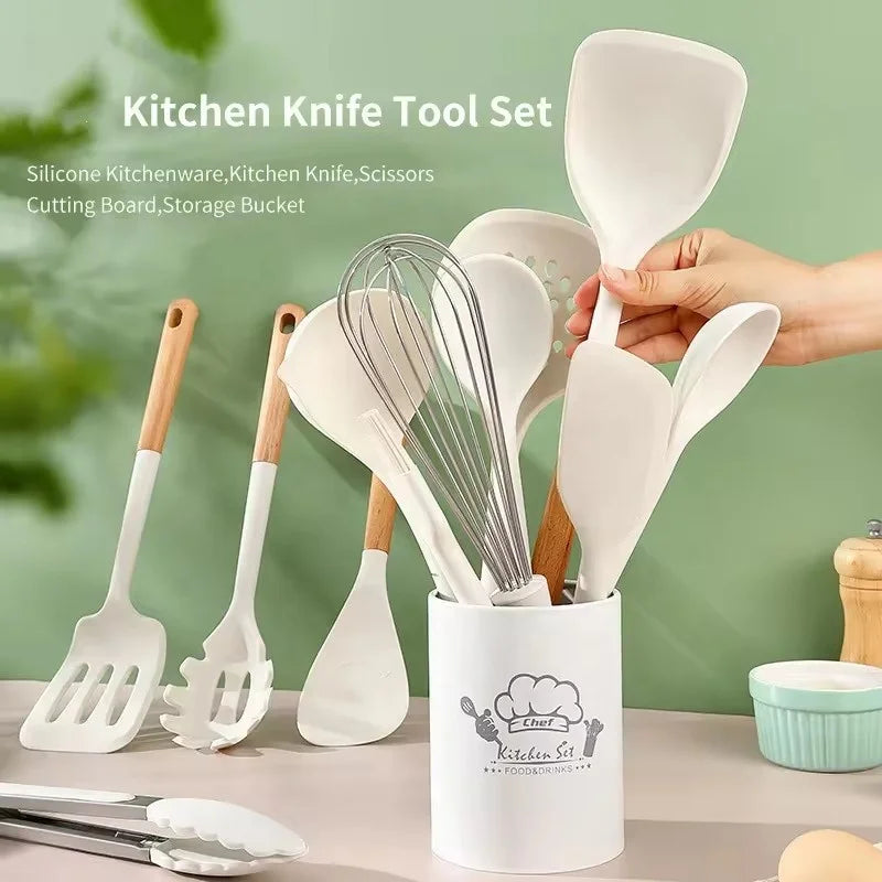 12pc Set White Novelty Silicone Kitchen Utensils with Holder Wholesale Heat Resistant Cooking Tools Turners for Food Applicat