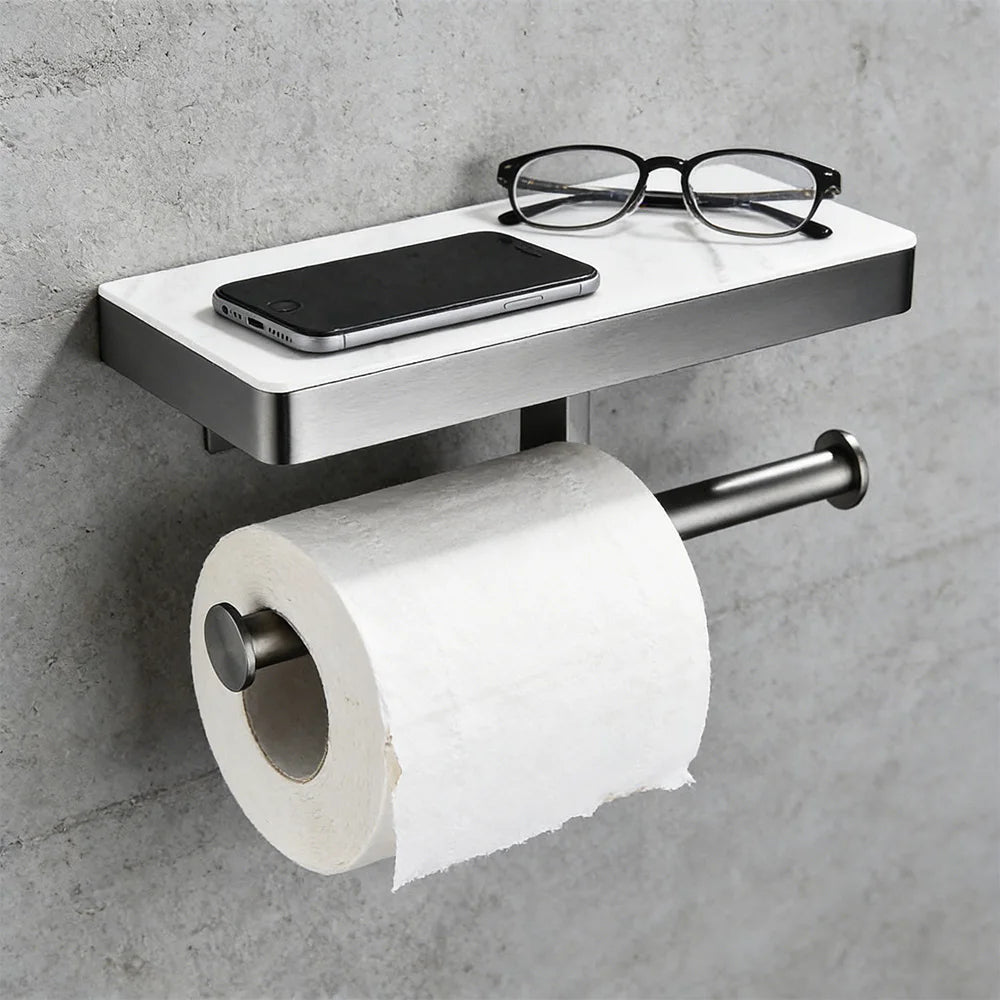 Modern Stainless Steel Double Toilet Paper Holder with Phone Shelf Wall-Mounted Black Bathroom Accessories SUS304