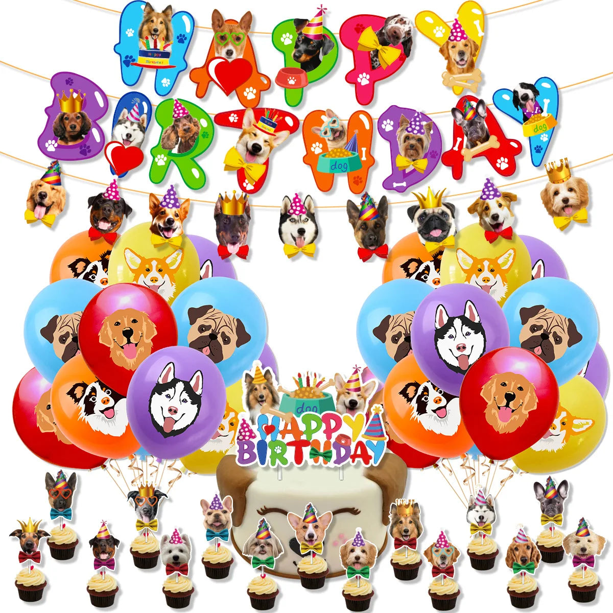 Cat Dog Pet Animal Birthday Happy Birthday Banner Cupcake Toppers Balloons Globos Birthday Party Supplies Decoration Kid