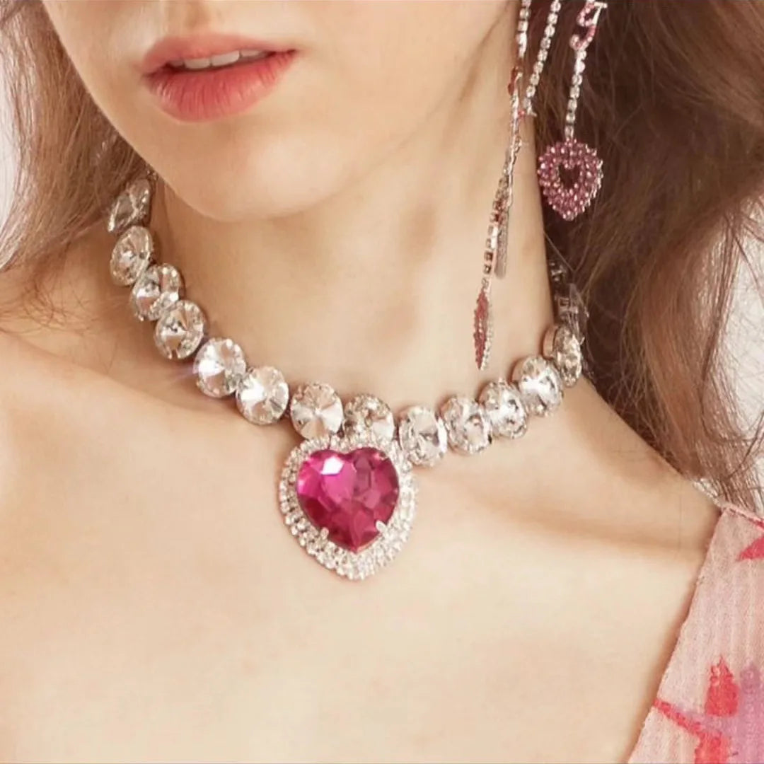 European and American Earring Necklace Combination Set Round Glass Diamond Earrings Heart-shaped Pendant Accessory