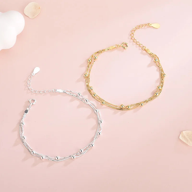 Fashion Jewelry 925 Silver Bracelet Women 925 Sterling Silver Gold Plated Double Chain Small Bead Bracelet Jewelry