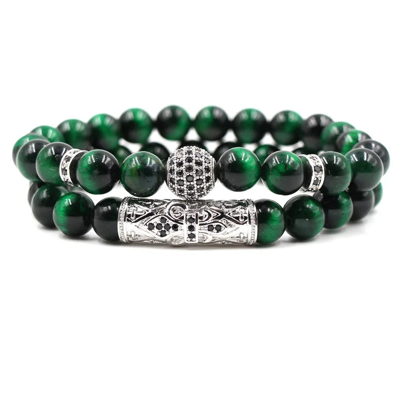 New Green Tiger Eye Stone Micro-Inlaid Zircon Ball Bend Trendy Geometric Beaded Bracelet Set for Couples for Weddings Gifts
