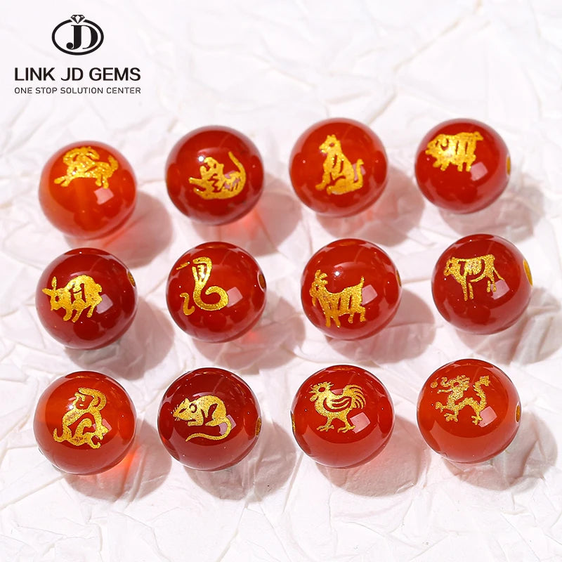 JD GEMS Semi Precious Chinese Traditional Style Gemstone Bead Natural Red Agate CNAS Certified 12 Animals Zodiac Bead Jewelry