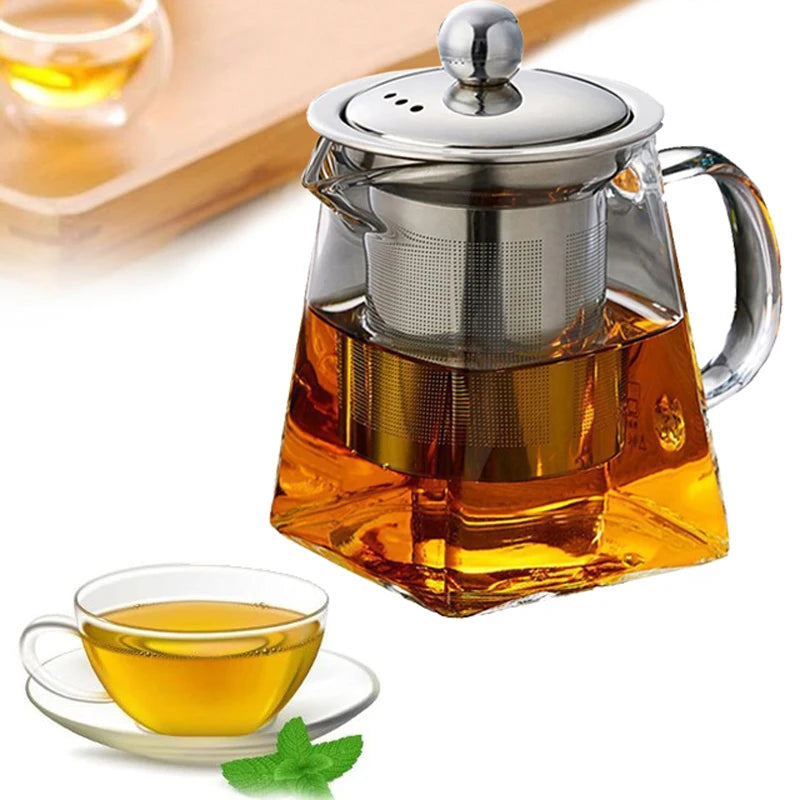 Heat Resistant Glass Teapot With Stainless Steel Infuser Heated Container Tea Pot Good Clear Taste Kettle Square Filter Baske