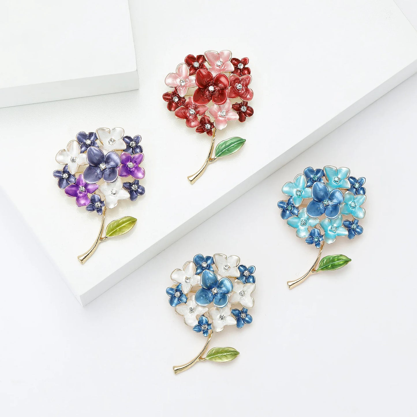 Wholesale Exquisite Hydrangea Petal Floral Brooch Rhinestone Enamel Flower Brooch Pin for Women's Wedding Fashion