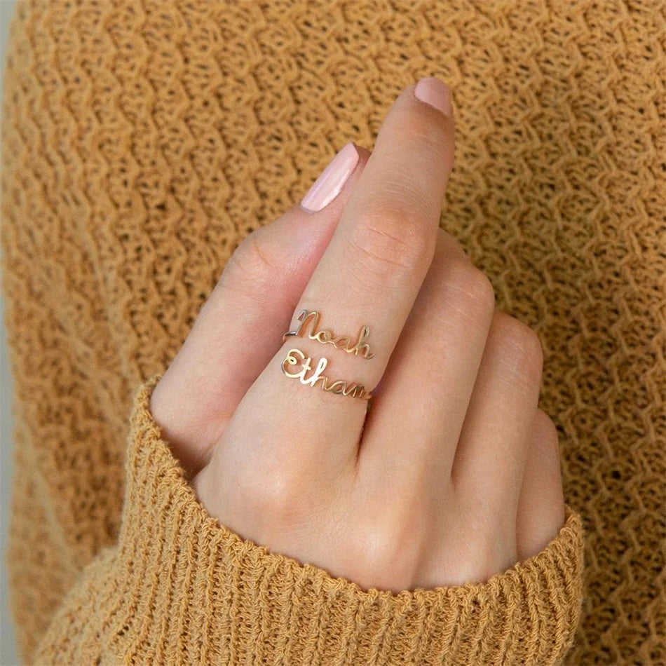 Women Stainless Steel Gold Plated Custom Personalized Name Open Letter Jewelry Adjustable Ring