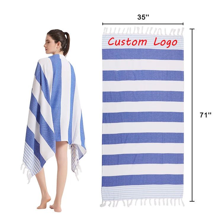Customizable Premium Custom Jacquard Embroidery Printed Woven Tassel Bath Towel Striped Turkish Cotton Beach Towel