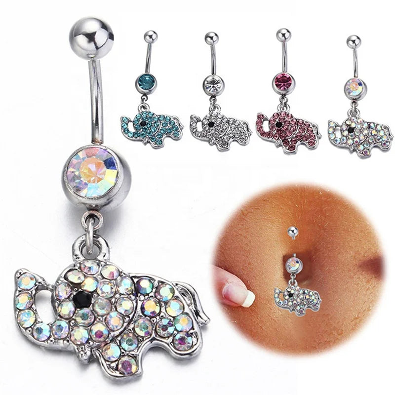 Trendy 316 Steel Pierced Navel Ring Cute Dumbo Belly Button Ring Unique Crystal Decoration Cartoon Elephant Belly Rings