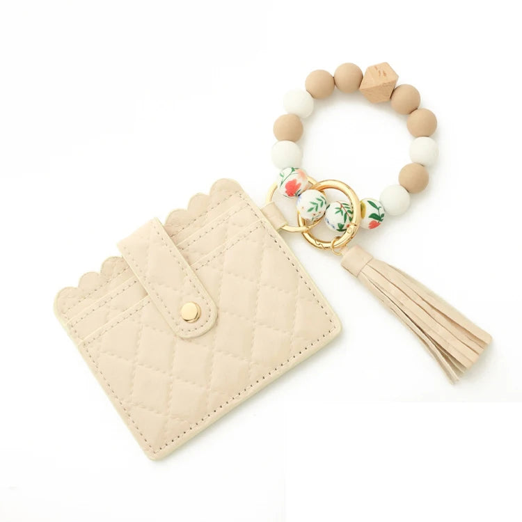 Wholesale Men Women Elastic Silicone Bead Bangle Bracelet Wallet Keychain Leather Tassel Wristlet Keychain Wallet