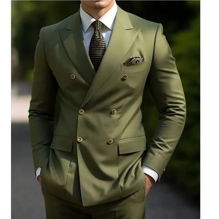 Men's Suits Double Breasted Peaked Lapel Wedding Groom Flat Casual Full Set Tailored Male Clothing Formal 2 Piece Jacket+Pant