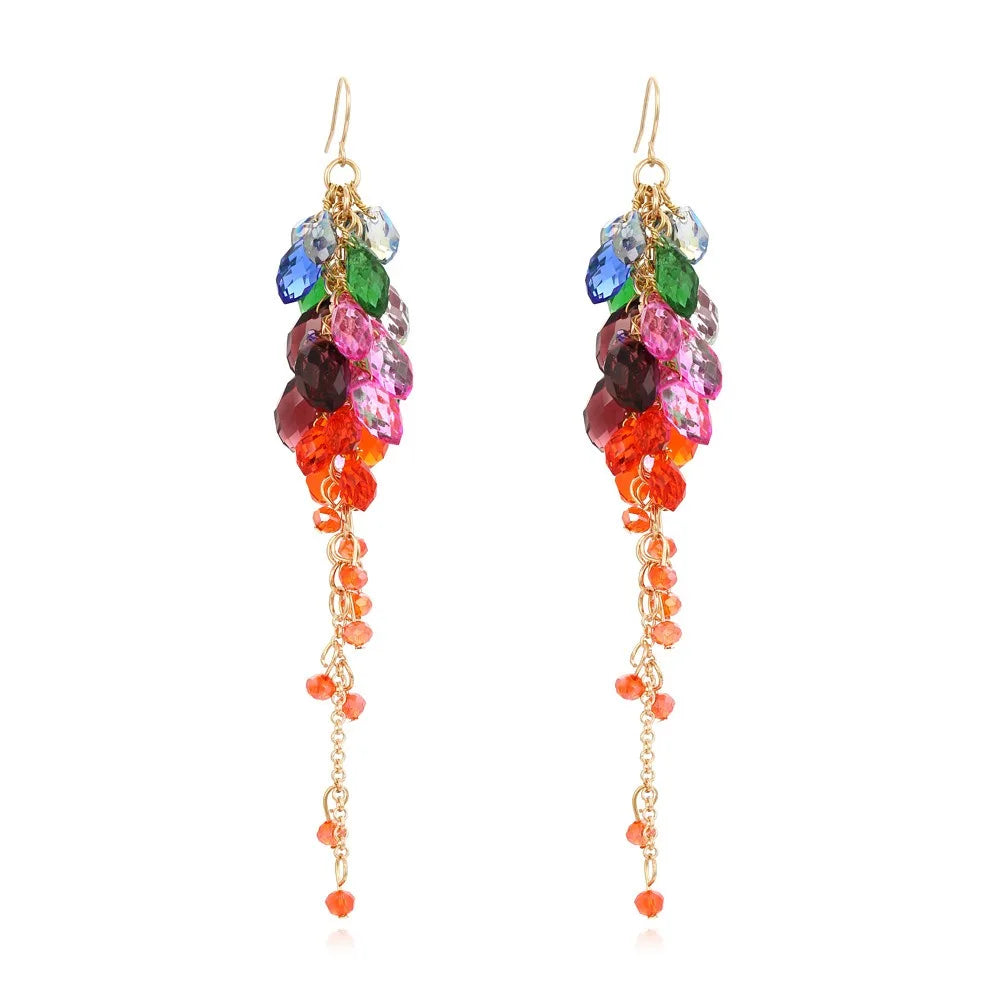 Long Stitch Color Crystal Tassel Earring Daily Wear Flower Pendent Hand Beaded Ears Hoop Vacation Style Street Photo Jewelry