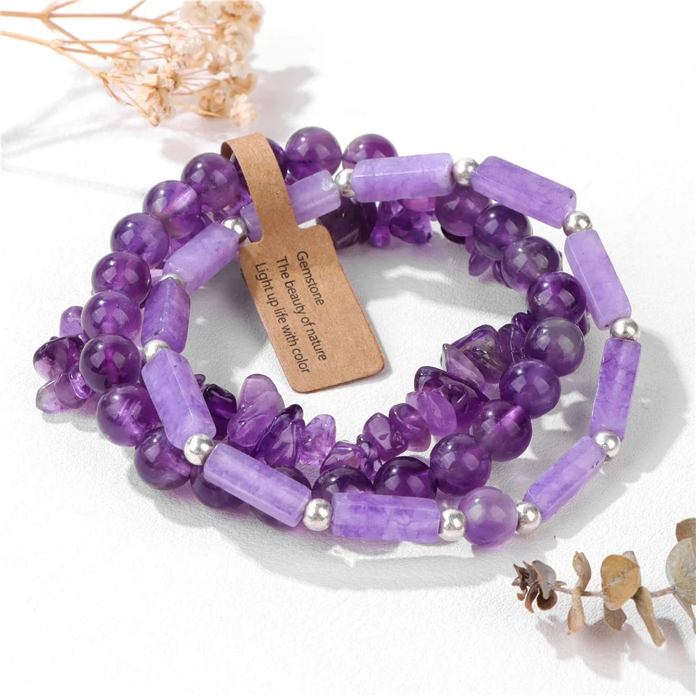 3PCS / Set Natural Stone Couple Bracelet Amethyst Gemstone Beaded Bracelets for Women and Men
