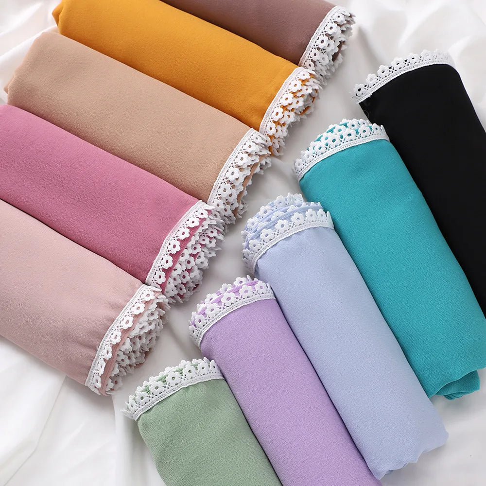 Wholesale Amber Brand New Spring Muslim Pearl Chiffon Scarf Lace Edge Headscarf Malaysian Indonesian Hijab Shawls 180x70cm