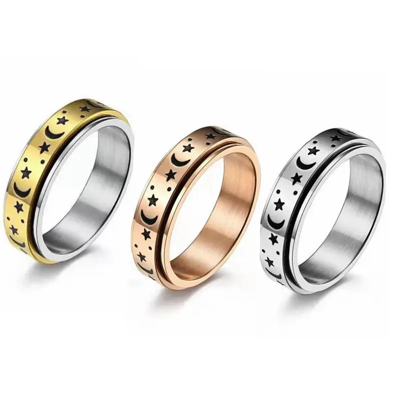 Anti Tarnish 6mm Moon Star Enameled Rotatable Ring Unisex  Engagement Ring Gold Stainless Steel Men Women