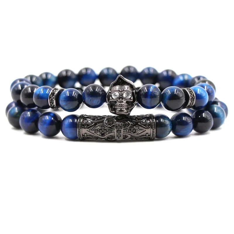 Hot Selling Blue Tiger Eye Stone Elastic Bracelet with Micro-Inlaid Zircon Curved Pipe Natural Blue Fashion Jewelry Bangles