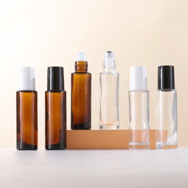 10ml 15ml clear Amber Glass Perfume Essential Oil Glass Roll on Bottle with Stainless Steel Roller  and Aluminum Cap