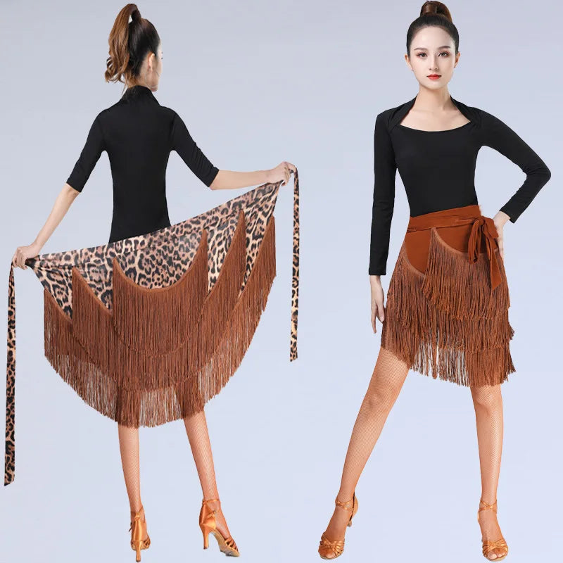 Brown Latin Dance Swing Skirt With Fringes Hip Scarf Dancing Practice Dress Performance Costume for Women