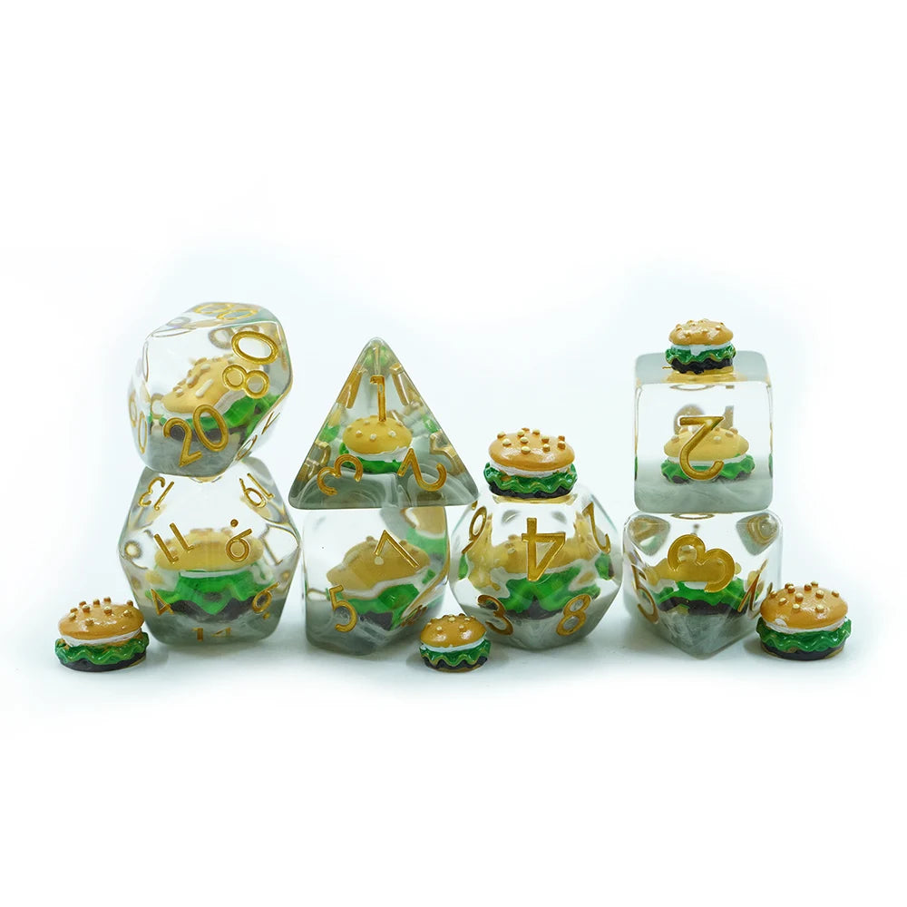 7Pcs Handmade Translucent Glitter Inclusions Round Hamburger Gold Ink Soft Edge DND Resin Dice