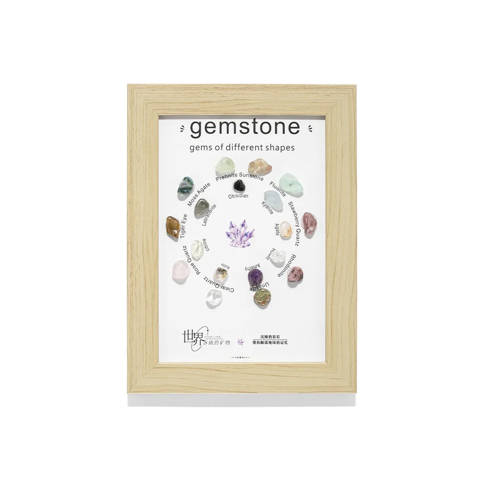 Framed Chakra Gemstone Photo Frame Crystal Tumble Stone Wall Art for Tabletop Office Home Decoration Display