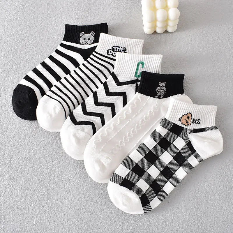 Cotton Thin Striped Women's Summer Boat Socks Fashion Plaid Cartoon Black White Short Womens Spring Socks