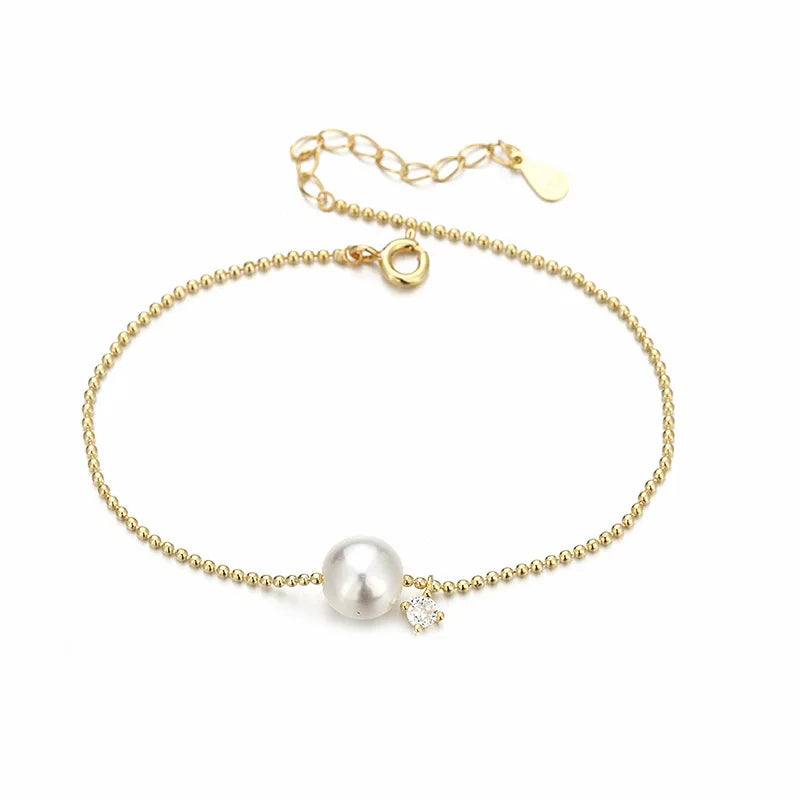 925 Sterling Silver Pearl Round Bead Bracelet 18K Gold Plated Pearl Bracelet Jewellery for Women