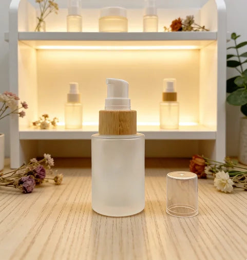 30ml Bamboo Treatment Pump Bamboo Lid Frosted Glass Pump Bottle Skin Care Product Container