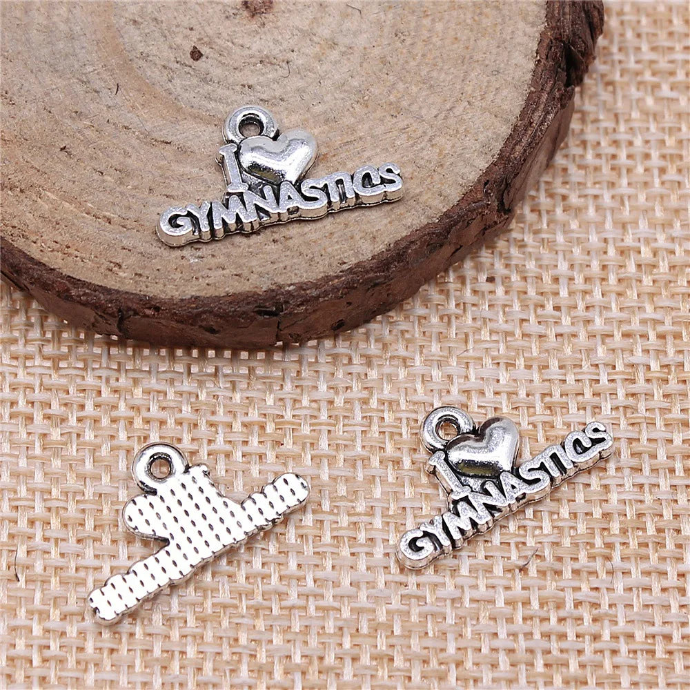 AA016055 20x11mm Antique Silver Plated Zinc Alloy I Heart Gymnastics Charms Pendants