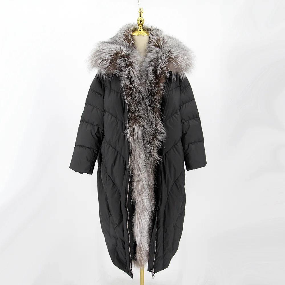 QIUCHEN QC22096 2022 Women Casual Winter Thick Puffy Goose Down Long Coat with Real Fox Fur Collar Acrylic Lining