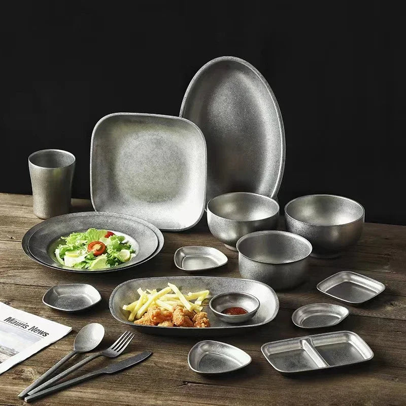 Retro Cutlery Set Plates Dinnerware Bowls Dining Plates Sauce Dish Fruit Bowl Double Wall Cup 304 Stainless Steel Tableware