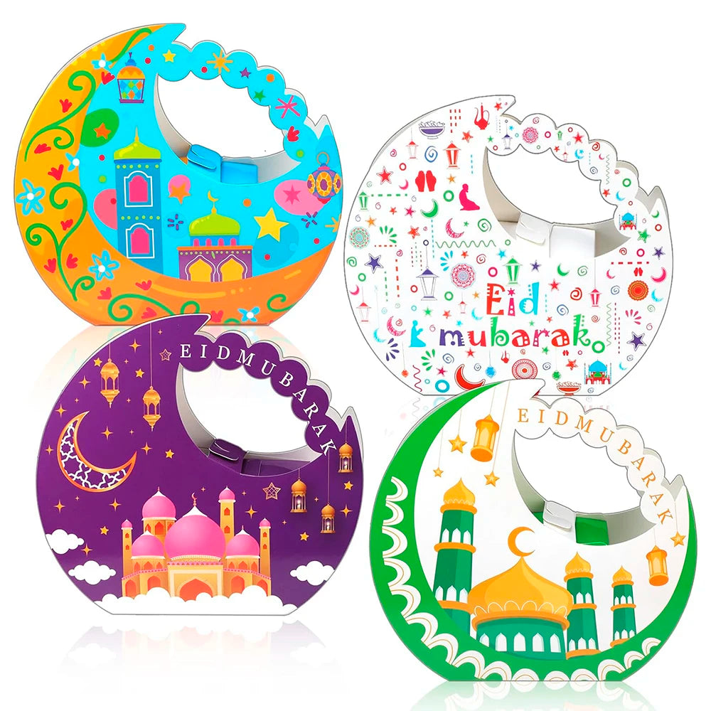 Eid Mubarak Moon Cardboard Paper Gift Treat Box with Handle for Ramadan Event Party Sweet Candy Boxes Muslim Festival Supplie