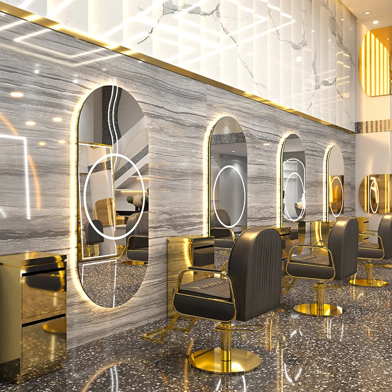 HY Modern Design Stainless Steel Barber Station LED Lights Styling Mirror Commercial Salon Furniture 170x70cm Adjustable