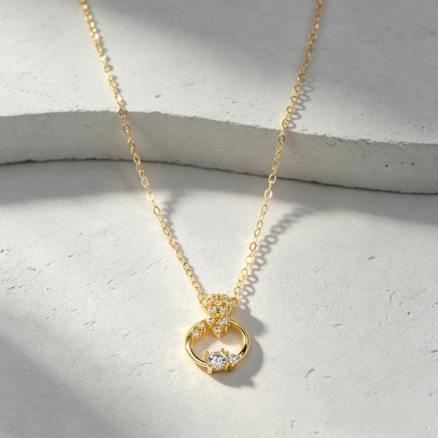 Personalised 18K Gold Diamond Bow & Circle Necklace Dainty Pave Bow Knot Pendant with Round Loop Real Gold Chain for Women