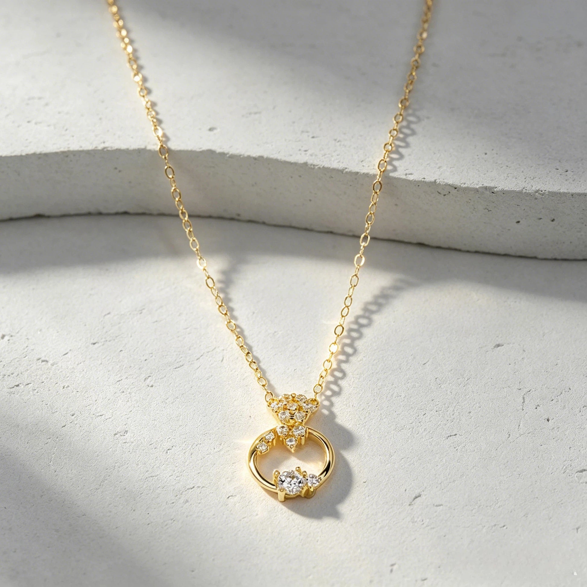 Personalised 18K Gold Diamond Bow & Circle Necklace Dainty Pave Bow Knot Pendant with Round Loop Real Gold Chain for Women