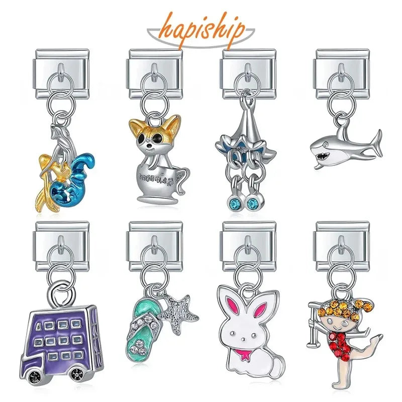 Hapiship Original Daisy Rabbit Bus Dog Mermaid Girl Shark Italian Charm Fit 9mm Bracelet Stainless Steel Jewelry Making DJ100