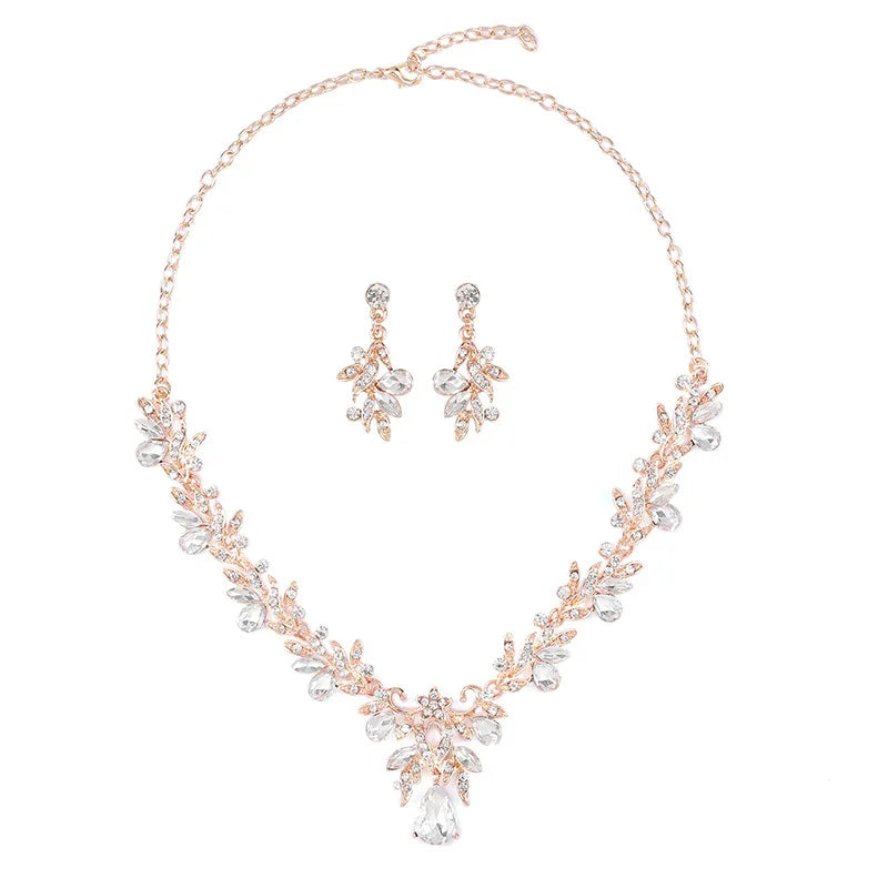 Fashion Romantic Bridal Necklace Earring Banquet Dress Jewelry Crystal Rhinestone Gold Plated Flower Design Wedding Party Gif