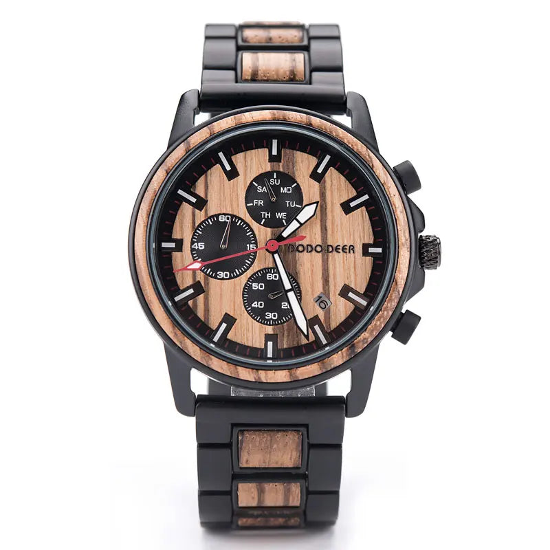 For Luxury Men Quartz Wooden Watch Chronograph Pointer Dial Stainless Steel Case Fashionable Antiqued Shenzhen Gift