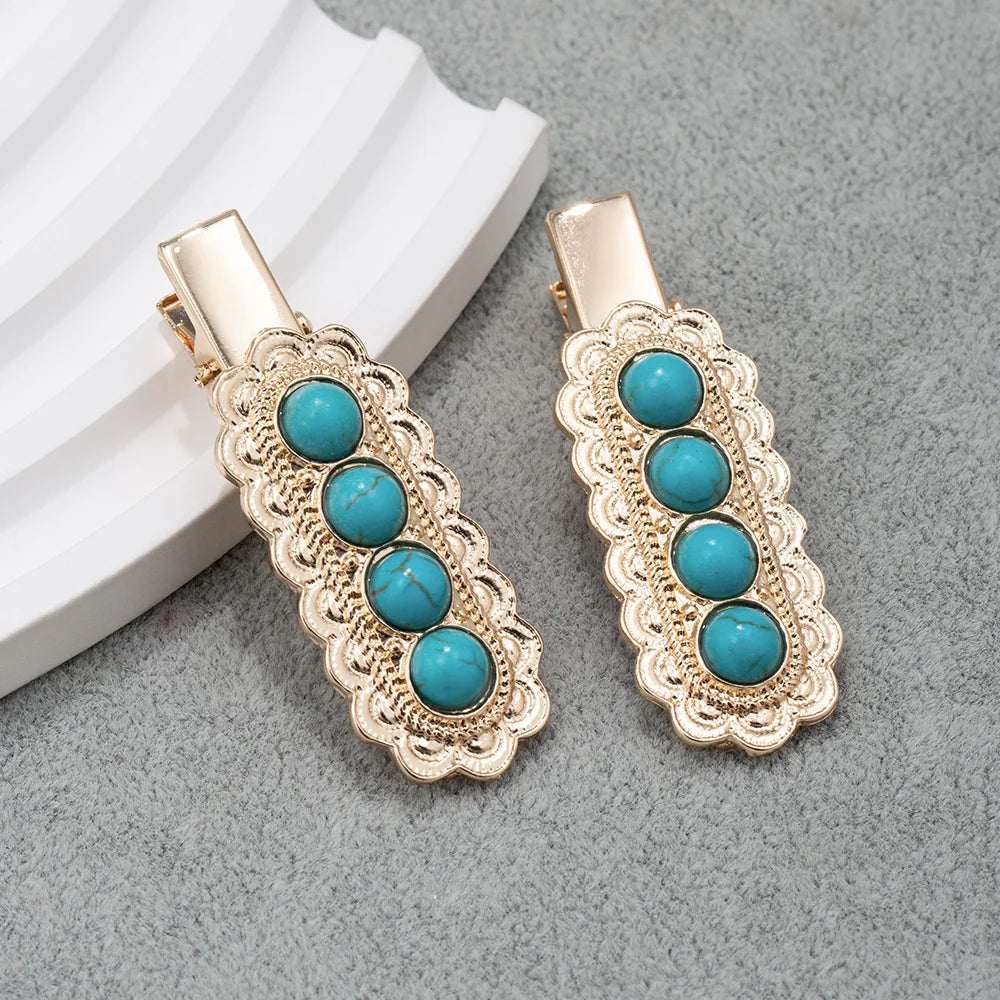 Wholesaler Vintage Turquoise Alloy Hair Duckbill Clip Gold Plated Blue Turquoise Hair Clips Metal Hair Accessory
