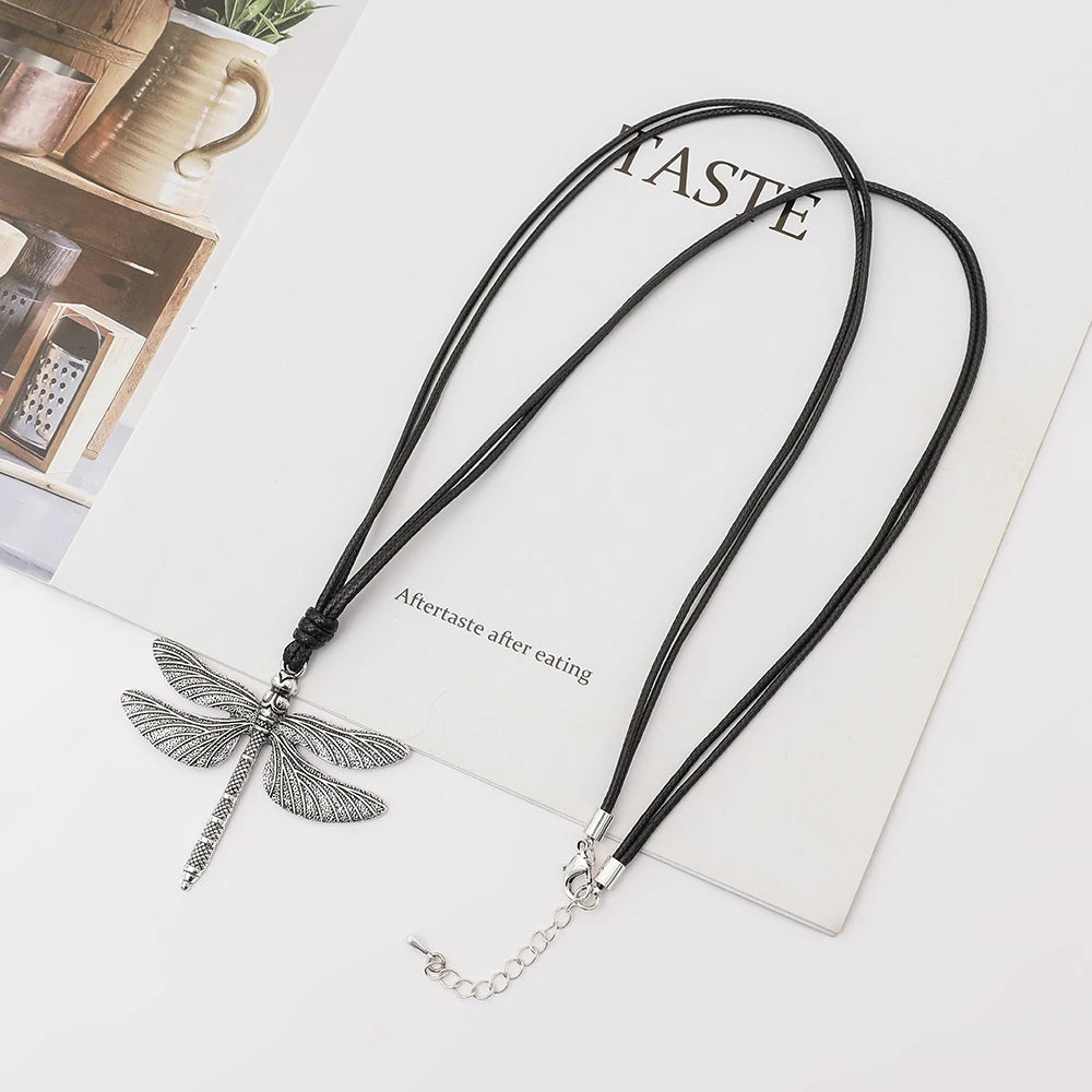 TongLing Bohemian Handmade Animal Jewelry Necklace Antique Silver Dragonfly Pendant Necklace for Daily Life