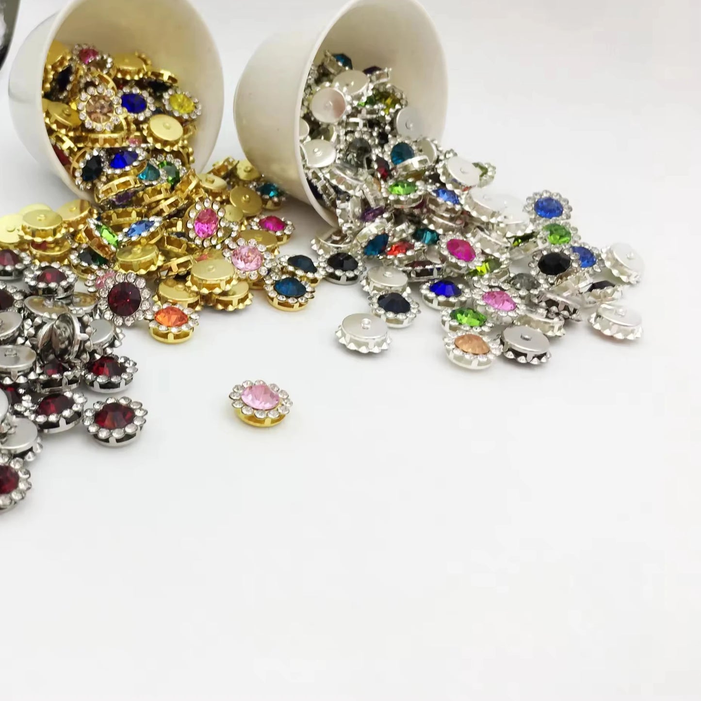 Factory Direct 12mm Double Floral Crystal Rhinestones Gold and Silver Backing for Sewing Wedding Dresses and Garments