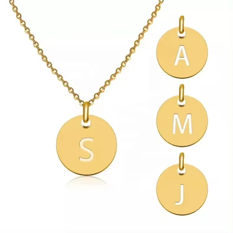 Crazy Popular Simple Stainless Steel Disc Round Necklace Gold Letter Initial Engraved Coin Chain Necklaces