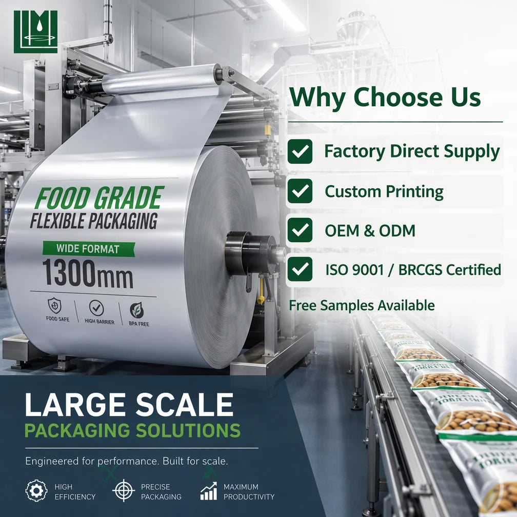 Custom Printed 1300mm Wide Format Food Grade Flexible Packaging Roll Film for Bulk Food Industrial Use BRCGS ISO