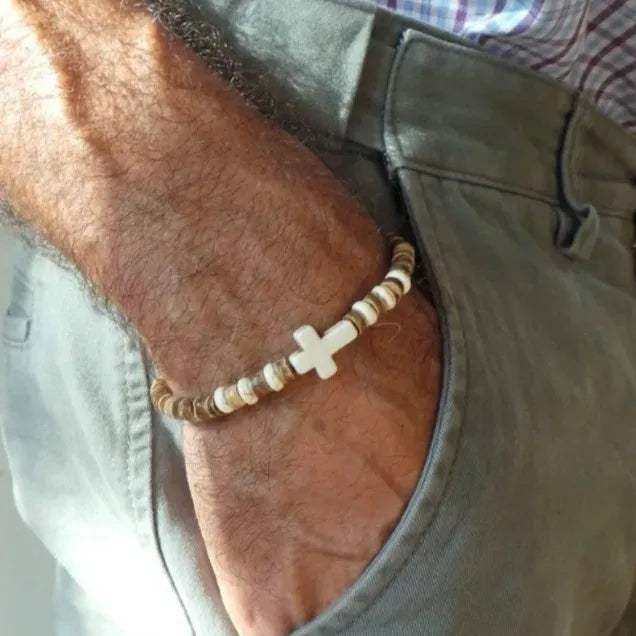 Fashion Natural Stone Bracelet Coconut Shell Wood Chip Turquoise Cross Bracelet Hip Hop Handmade Beaded Bracelet for Men