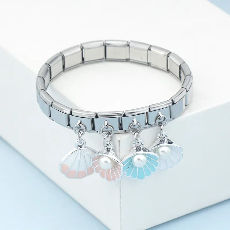 Hapiship Popular Fashion Sweet Colour Glaze Alloy Shell Charm Links Fit 9mm Bracelet Stainless Steel Jewelry DIY Making DJ415