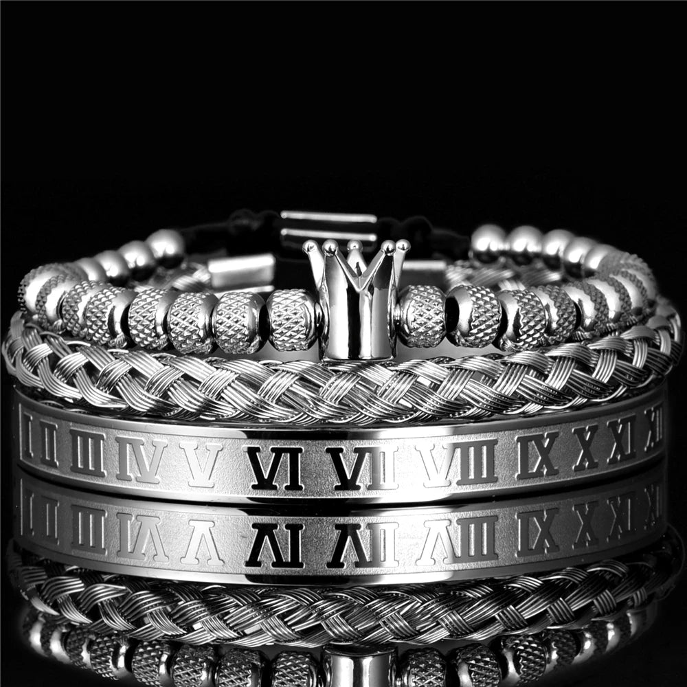 Luxury Roman Royal Crown Charm Bracelet Men Stainless Steel Geometry Pulseiras Men Open Adjustable Bracelets Couple Jewelry G