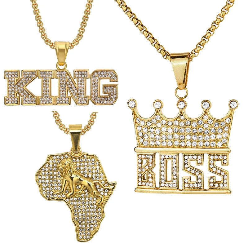 Full Crystal Diamond Paved Iced Out Punk Jewelry 18K Gold Kings BOSS Pendant Necklace for Men/Women Jewelry Gifts