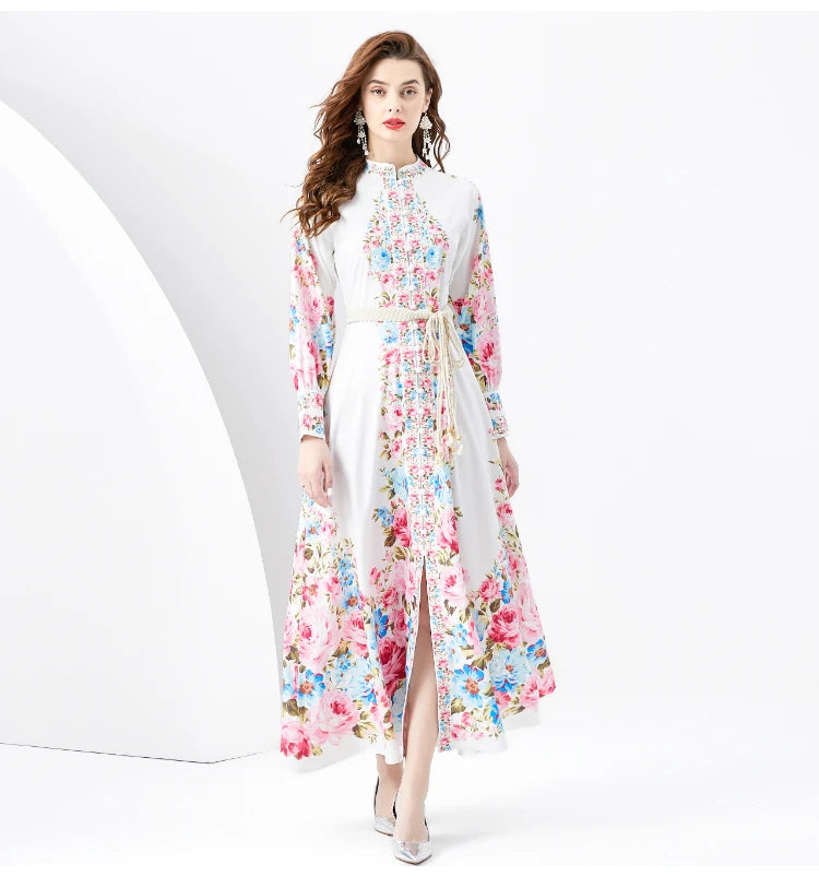 Custom Vintage Maxi Casual Dresses Long Sleeve Floral Print Bohemia Vocation Elegant Lady Dress