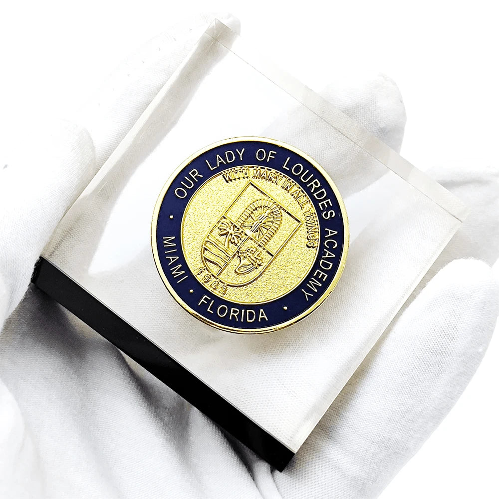LUCITE COIN EMBEDMENTS Die Casting Customized Logo Enamel Color Filling Gold-Plated Metal Challenge Coin Letterpress Printing