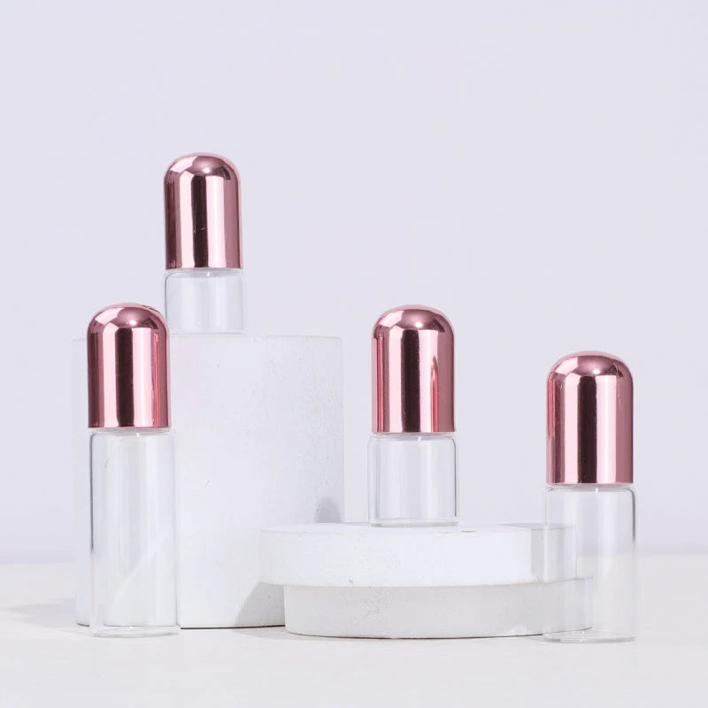 Custom 1ml 2ml 3ml Mini Glass Rose Gold Roll on Bottle Small Size Portable Travel Perfume Oils Cosmetic with Round Aluminum C