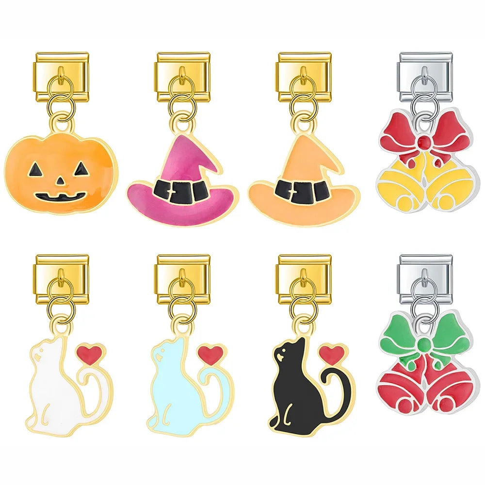 Hapiship Fashion Pumpkin Head Wizard Hat Bell CAT Italian Links Charm Fit 9mm Stainless Steel Bracelet Jewelry DIY Making DJ4